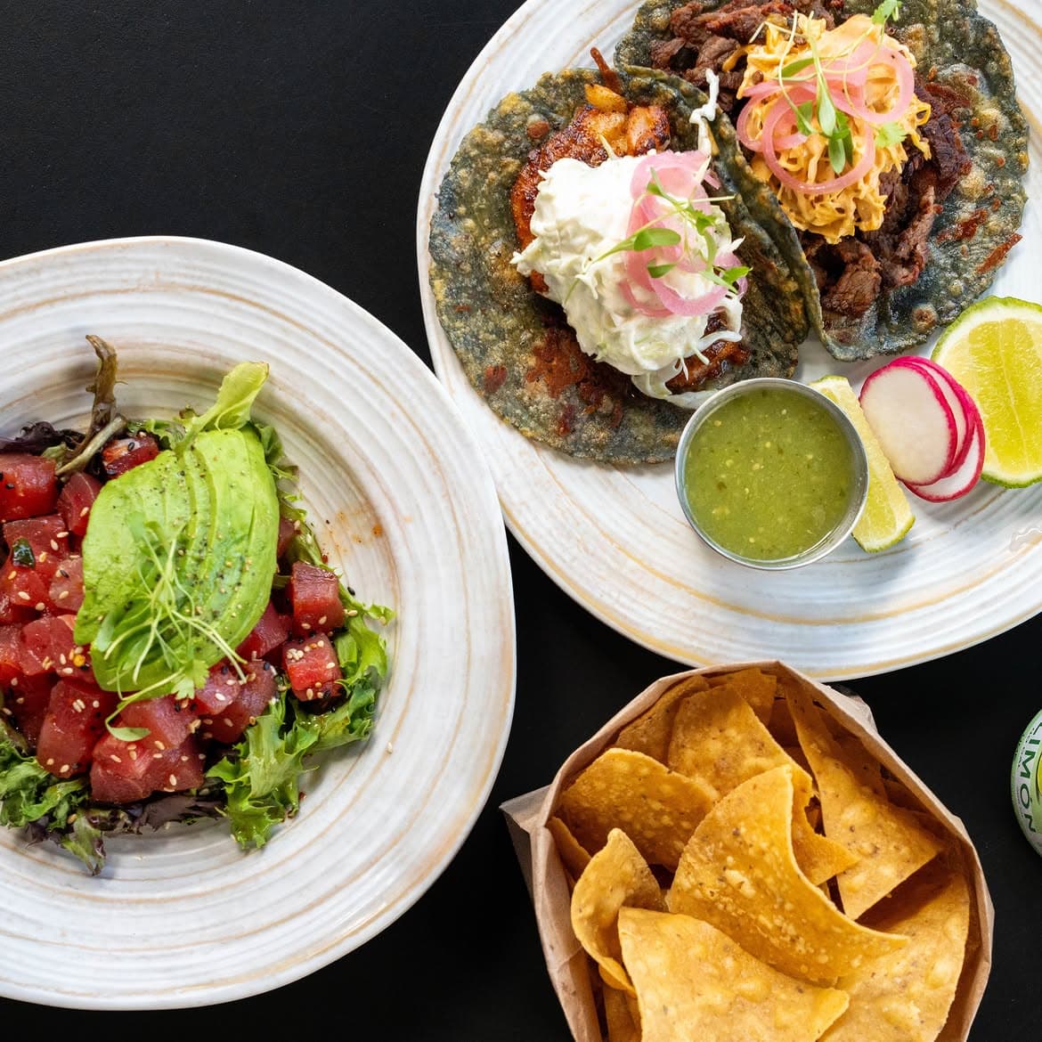 High Marea tacos, ahi poke and tortilla chips.